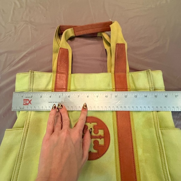 Tory Burch Large Lime Green Canvas Brown Leather Tote Bag MSRP $358 - Picture 5 of 16